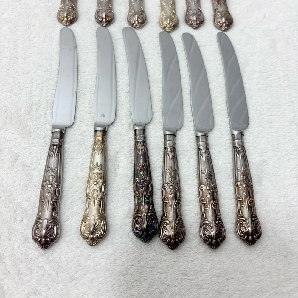 Vintage SHEFFIELD Stainless Steal Ornate‎ Silverware Set Decorative Handles 12